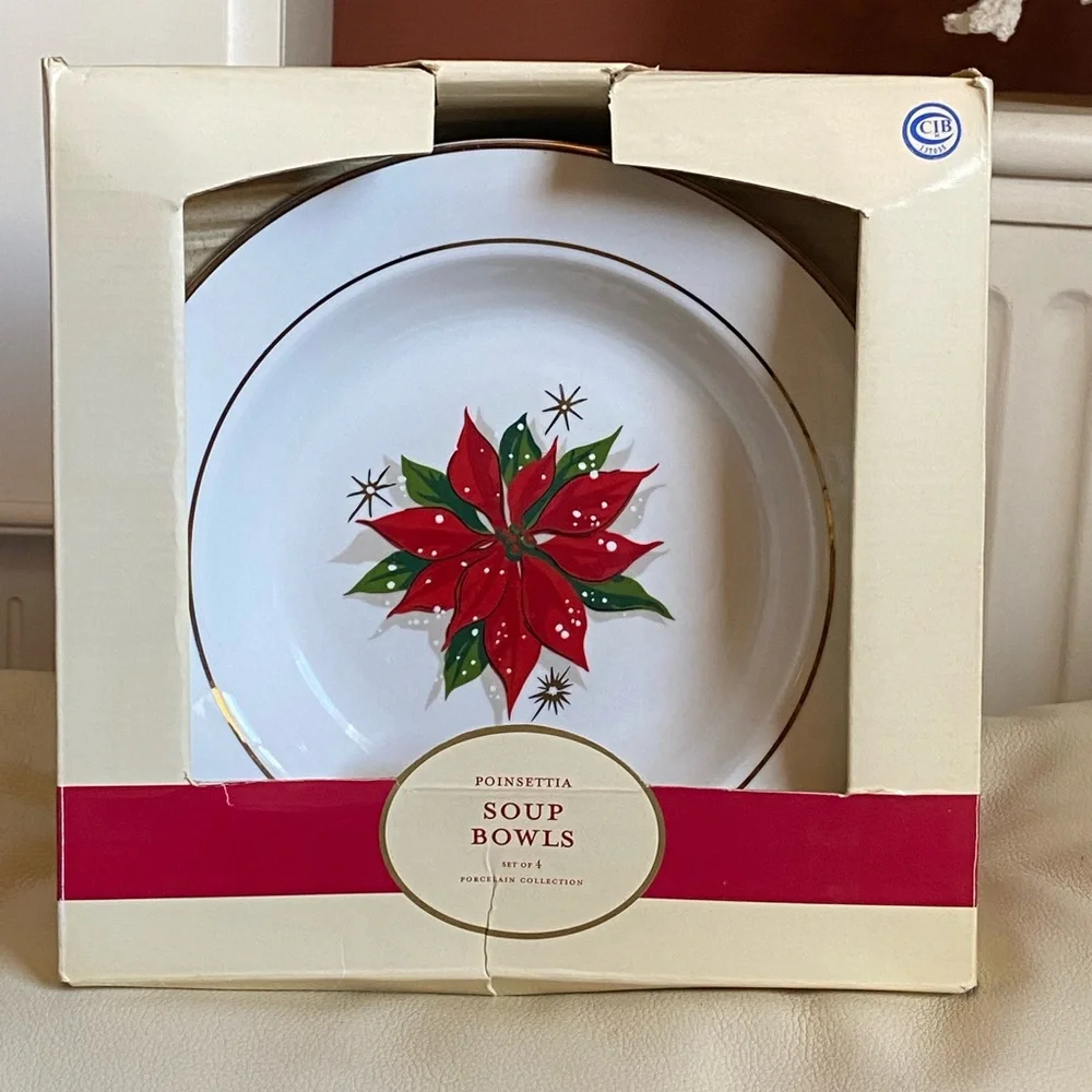 4 Target Home Poinsettia Soup Bowls 9.5